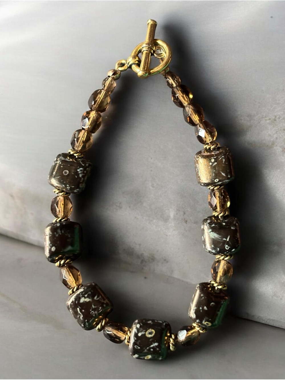 Artisan Lampwork Glass Bracelet | Earth Tone Toggle Crystal Beads